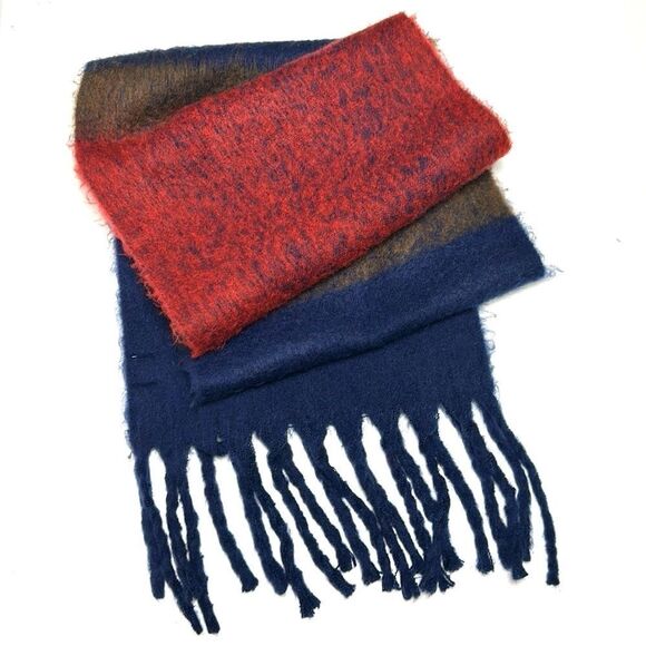 NWT Frye and Co. Chunky Fringed Scarf Oversized Blue Taupe Red - Picture 2 of 10